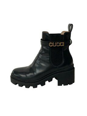 Gucci Short Boots 37 Black Side Gore Removable Belt Leather